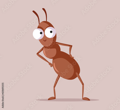 Funny Happy Ant Character Vector Cartoon Illustration. Little insect standing on a white background with hands on the hips
