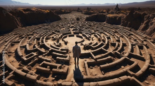 A PERSON IS LOST OR TRAPPED IN A HUGE MAZE AND IS LOOKING FOR A WAY OUT. CONCEPT OF FINDING THE RIGHT THING IN LIFE.