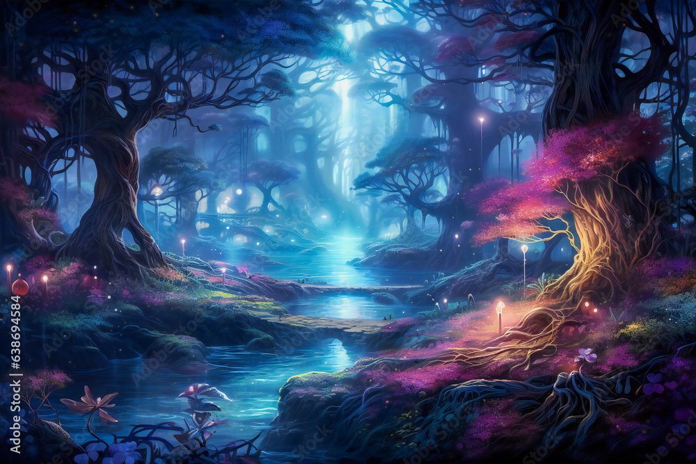Magic forest in the night, with glowing plants and starry sky Magic forest in the night, with glowing plants and starry sky