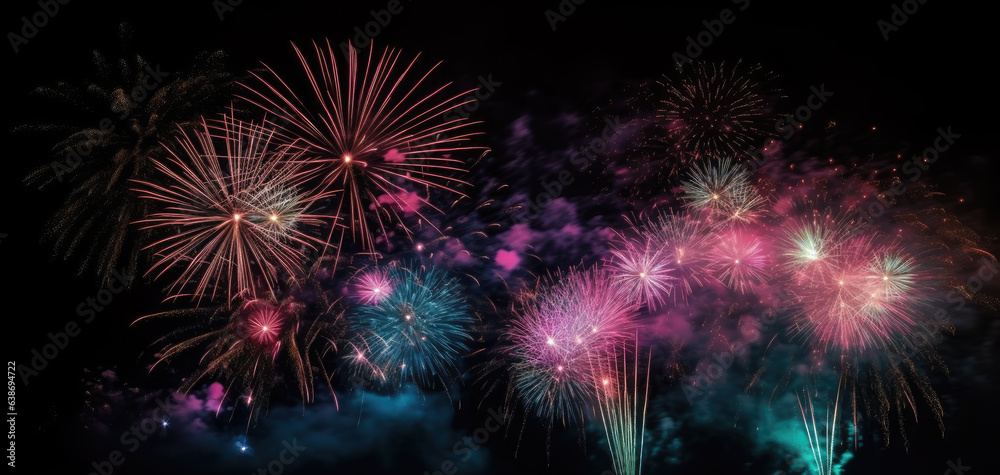 Spectacular Fireworks Display: Multi-Colored Explosions in Night Sky, Generative AI