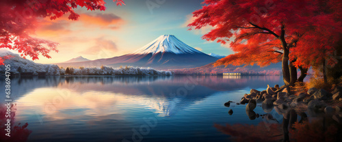 Mountain and lake landscape in autumn, with beautiful colored trees