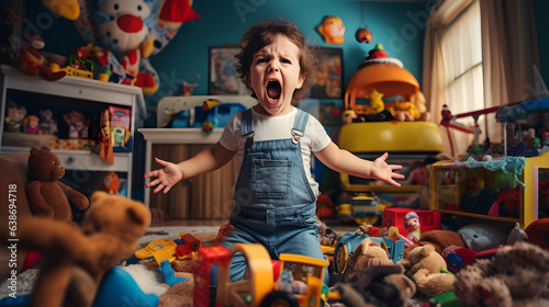 Mischievous and defiant brat boy toddler in a messy bedroom, cheeky and naughty, screaming for attention. Naughty kids concept. photo