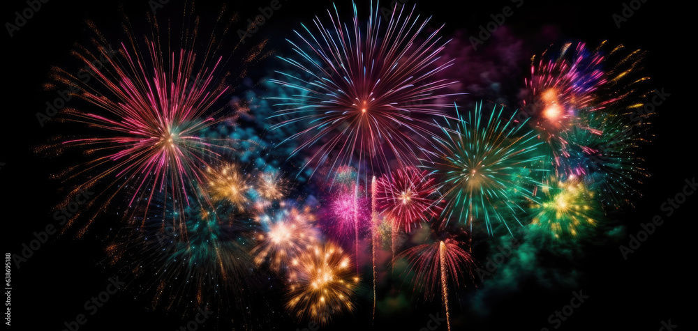 Spectacular Fireworks Display: Multi-Colored Explosions in Night Sky, Generative AI