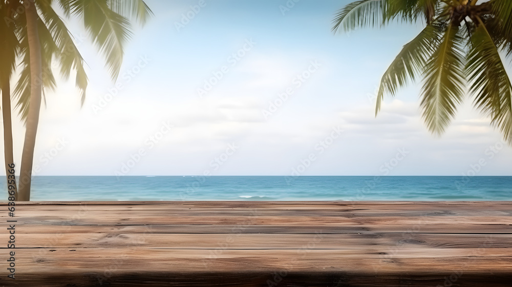 Empty rustic old wooden boards table with coconut palms near sea in background