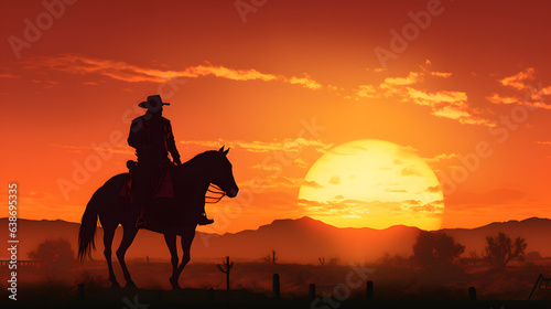 Cowboy riding a horse into sunset © Nopadol