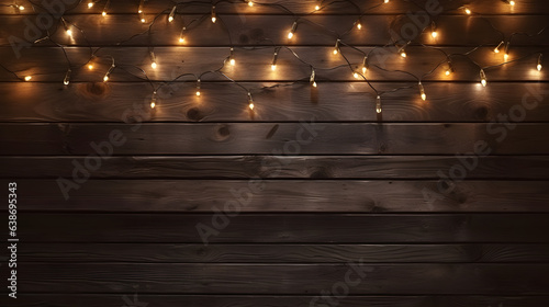 Dark festive wooden background with electric garland