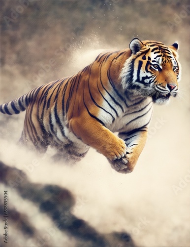 Photo of a majestic tiger leaping through the air