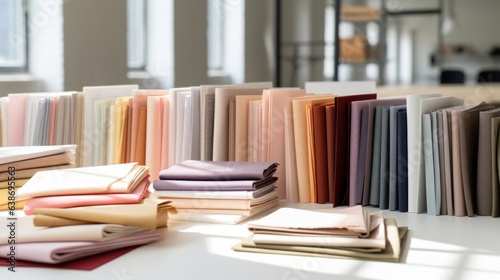Fabric samples in different colors on white table. © Pro Hi-Res