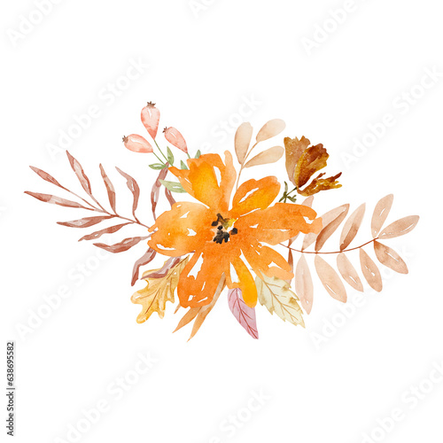 Watercolor elegant bouquet of autumn flowers and leaves