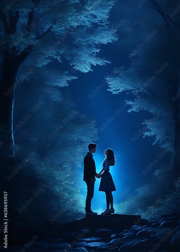 Photo of a couple standing in a mysterious forest at night