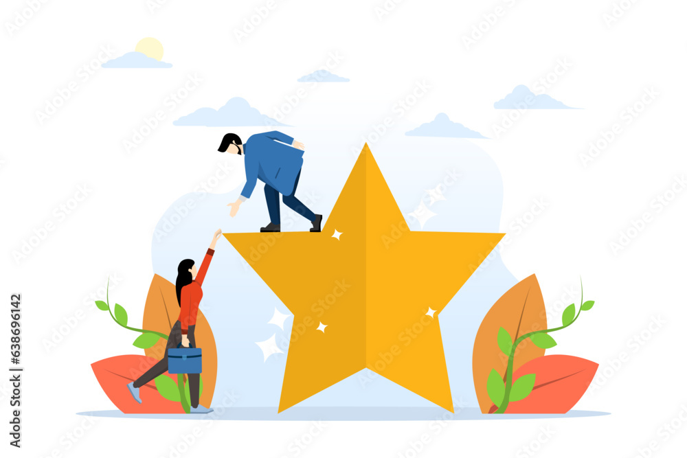 Fototapeta premium The concept of an idea to help allies reach the top of the stars. mentor or coaching for success in work, helping colleagues achieve goals, reliable flat vector illustration on a white background.