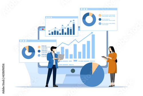 business team analysis and monitoring concept on web report dashboard monitor. data analysis research flat vector illustration design for business financial planning concept, flat vector illustration.