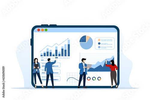 business team analysis and monitoring concept on web report dashboard monitor. data analysis research flat vector illustration design for business financial planning concept, flat vector illustration.