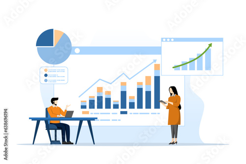 business team analysis and monitoring concept on web report dashboard monitor. data analysis research flat vector illustration design for business financial planning concept, flat vector illustration.