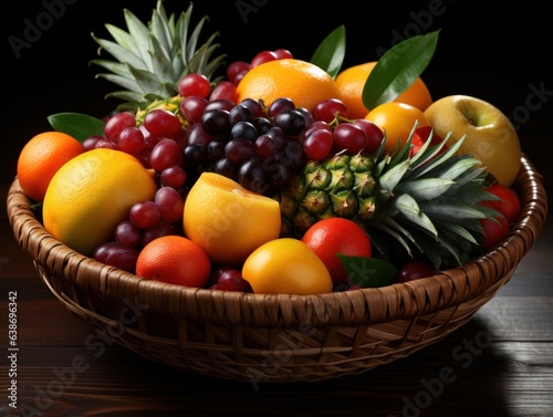 Assortment of tropical fruit overflowing from a woven rattan basket on a bright seamless stage.