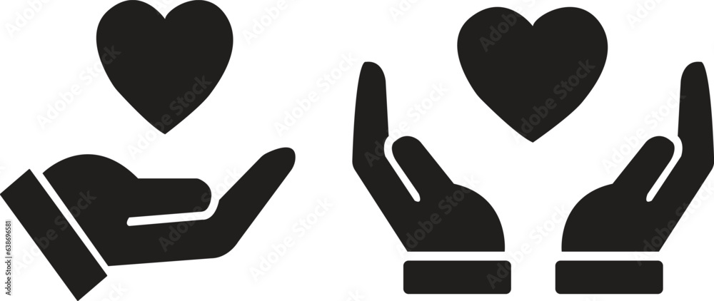 set of flat Heart in hand icons. Hands holding heart icon. Love icon ...