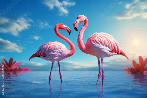 The colony of flamboyance pink flamingo stands in the clear blue water surface under the daytime sky, Generative AI. © jittima