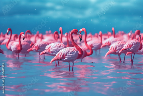 The colony of flamboyance pink flamingo stands in the clear blue water surface under the daytime sky, Generative AI.