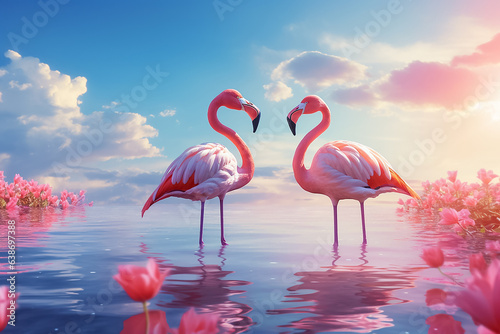 The colony of flamboyance pink flamingo stands in the clear blue water surface under the daytime sky, Generative AI.
