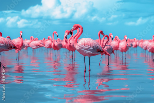 The colony of flamboyance pink flamingo stands in the clear blue water surface under the daytime sky, Generative AI.