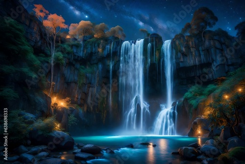 landscape with waterfalls at night