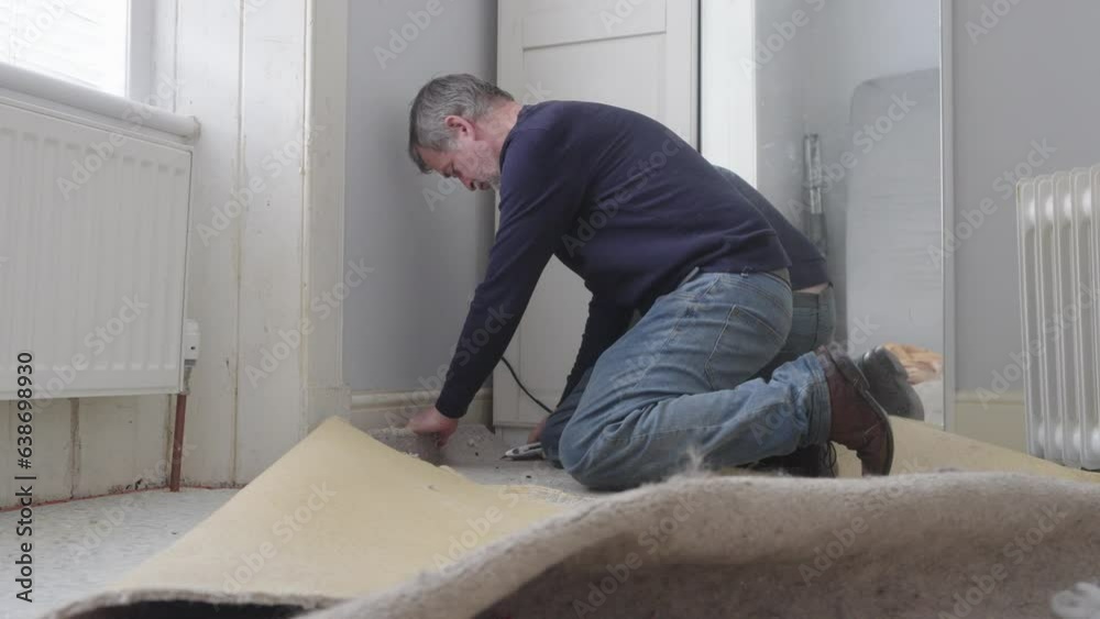 Carpenter cutting and removing old carpet from room ready for replacement Carpenter cutting and removing old carpet from room ready for replacement