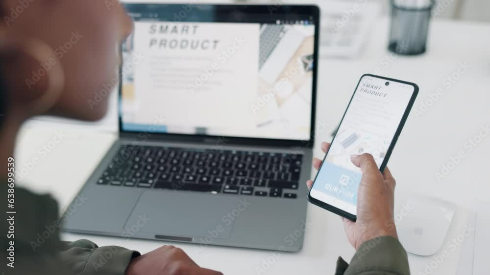 Phone screen, website and hands of business person in office for research, product or ux. Digital, technology and designer with closeup of employee and laptop for branding, creative or review