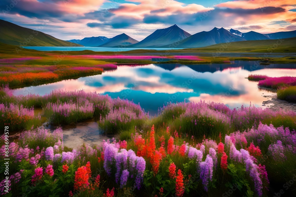 Obraz premium lake and colorful flowers in the mountains