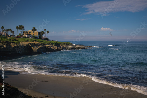 2023-08-16 THE LA JOLLA COASTLINE WITH GREEN VEGATION ON THE CLIFFS AND NICE BOUE WATER AND SKY WITH PELICANS FLYING ACROSS THE SCENE