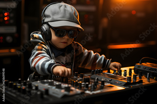 Kid dj in headphones black glasses mixing music on sound mixer scratch dj playing on stage having fun party In a nightclub room with spotlights. Future dream job for children.
