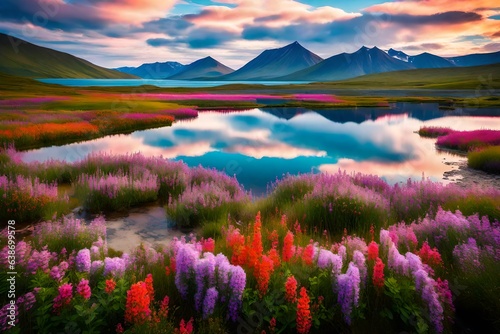 lake and colorful flowers in the mountains