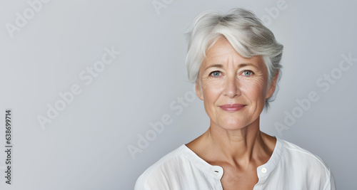 portrait of a gorgeous 50s mid age woman with gray hair smiling , copy space