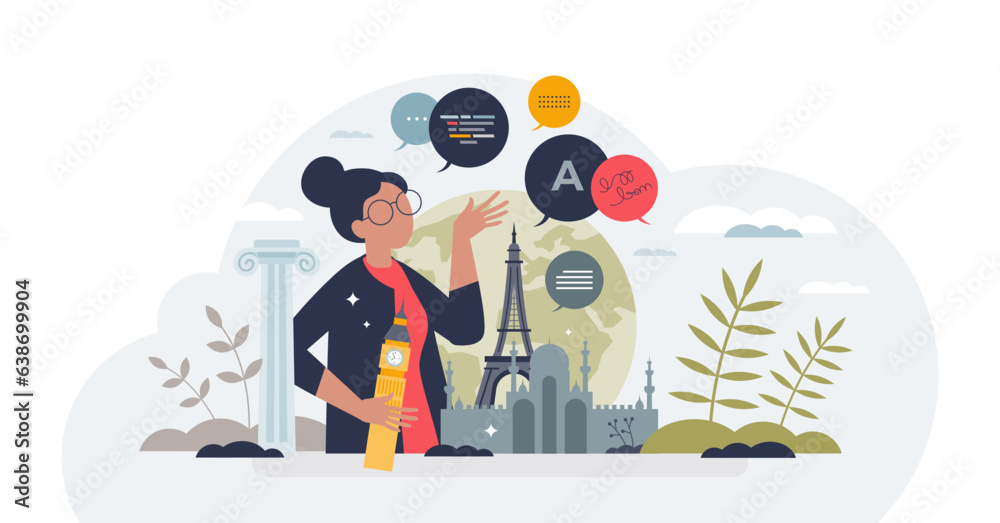 Language learning through immersion, effective education tiny person concept, transparent background. Foreign language speaking, writing and understanding illustration. Study while traveling. Language learning through immersion, effective education tiny person concept, transparent background. Foreign language speaking, writing and understanding illustration. Study while traveling.