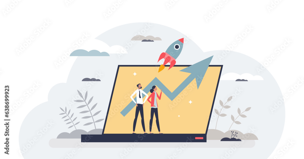 Productivity and effective work with results development tiny person concept, transparent background.Successful profit raising and business boost with earnings illustration.