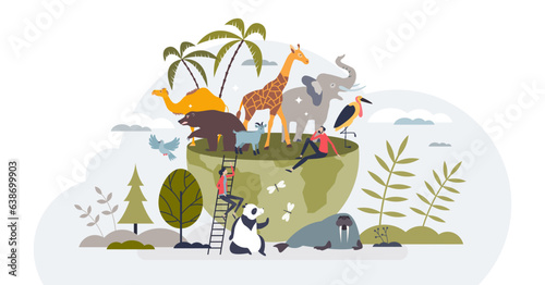 Animals of the world with global biodiversity protection tiny person concept, transparent background. Planet with exotic fauna and environmental wildlife illustration.