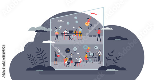 Transparency in business with public company data sharing tiny person concept, transparent background. Effective and productive honesty principles for cooperative.