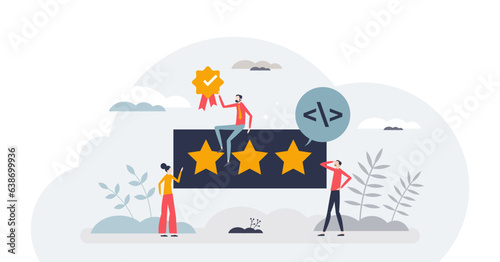User ratings and product reviews as satisfaction feedback tiny person concept, transparent background. Rate quality and give stars for performance illustration.