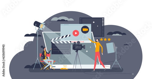 Video production and movie record process in studio tiny person concept, transparent background. Professional media director and editor for screen entertainment illustration. Motion picture filming.