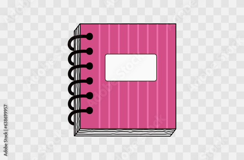 Pink sketchbook. Closed paper notebook in hardcover. Workbook with spiral. Diary, planner, note organizer, digital magazine. Office business document, top view. Education and training. Vector.