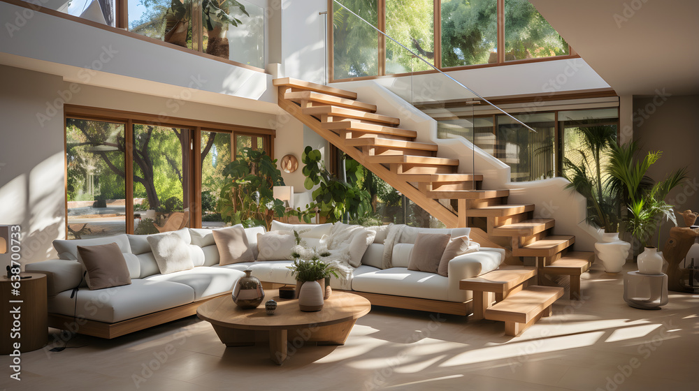 Fototapeta premium Interior design of modern entrance hall with staircase in villa.