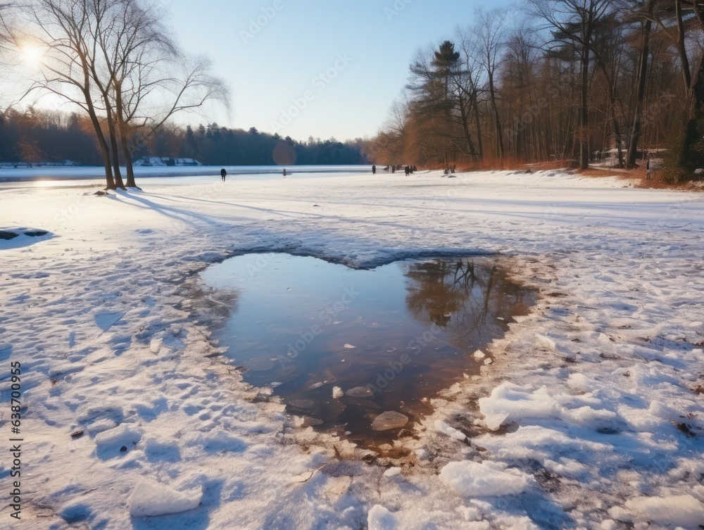 Sunny, winter day by the lake. The lake is frozen, no snow on the ice. A heart - shaped hole in the ice