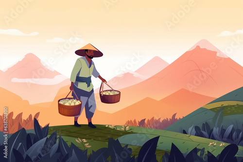 Rice terrace fields, vector landscape illustration. Asian harvesting agriculture background. hardworking farmer 