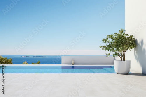 Luxury beach house with sea view swimming pool. Generative AI.