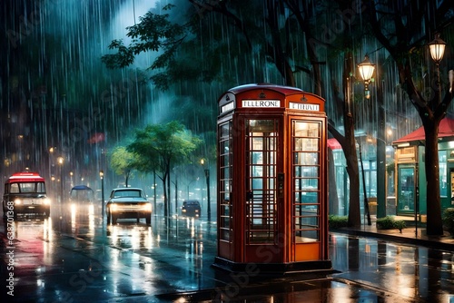phone booth in rainy city