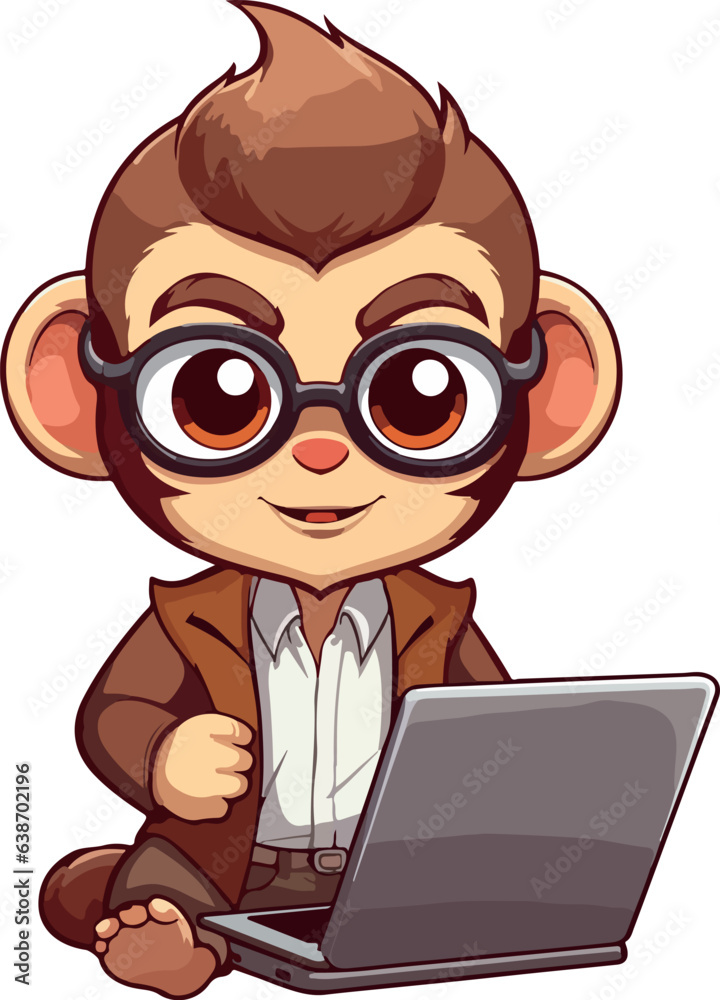 funny monkey cartoon scientist with laptop vector illustration