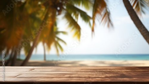 Empty wooden table with blurred beach background