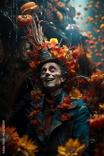 Demented mad hatter in a top hat surrounded by sunflowers