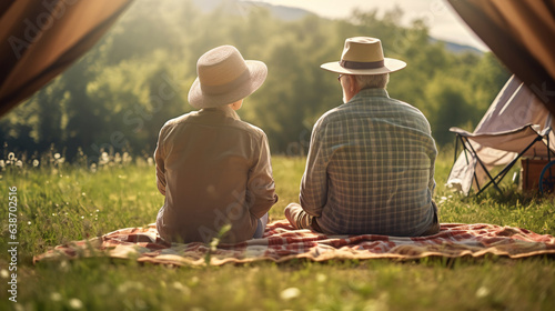 old man and old woman couple Go on a camping trip on the lawn among the forests and mountains of the calm and warmth of elderly. Activities to build relationships, love, romance in the family.