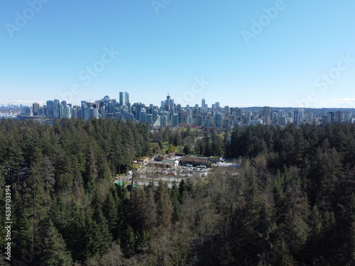 aerial view of Stanley park in downtown Vancouver, Canada with the city skyline in the distance
