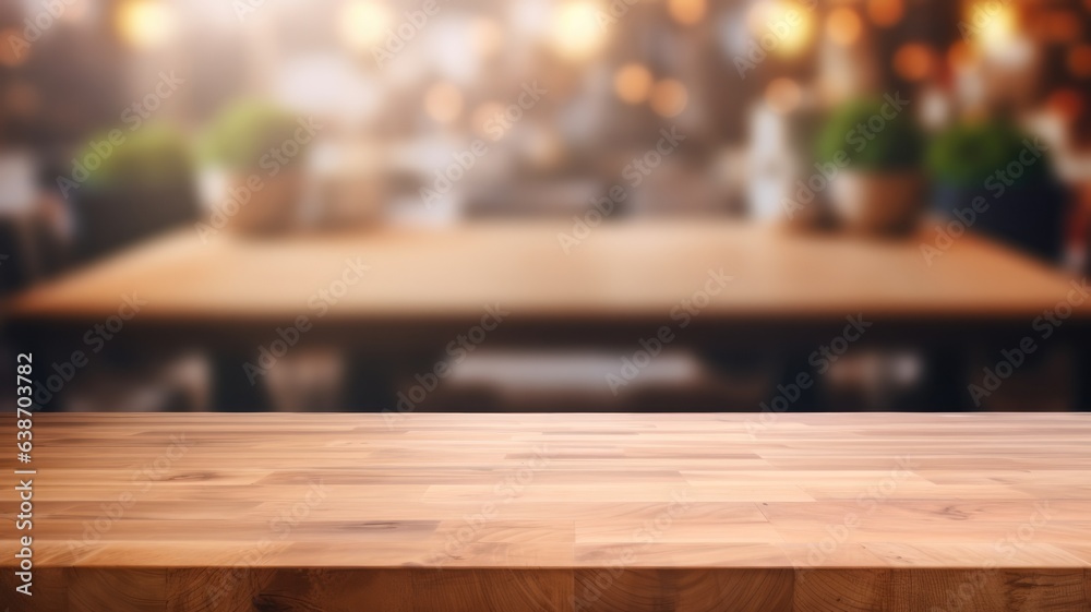 Empty wooden table with cafe kitchen background